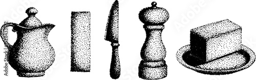 Intricate stippling ink illustration of kitchen utensils and condiments