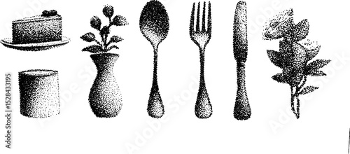 Intricate stippling ink illustration set featuring cutlery, cake, and floral elements