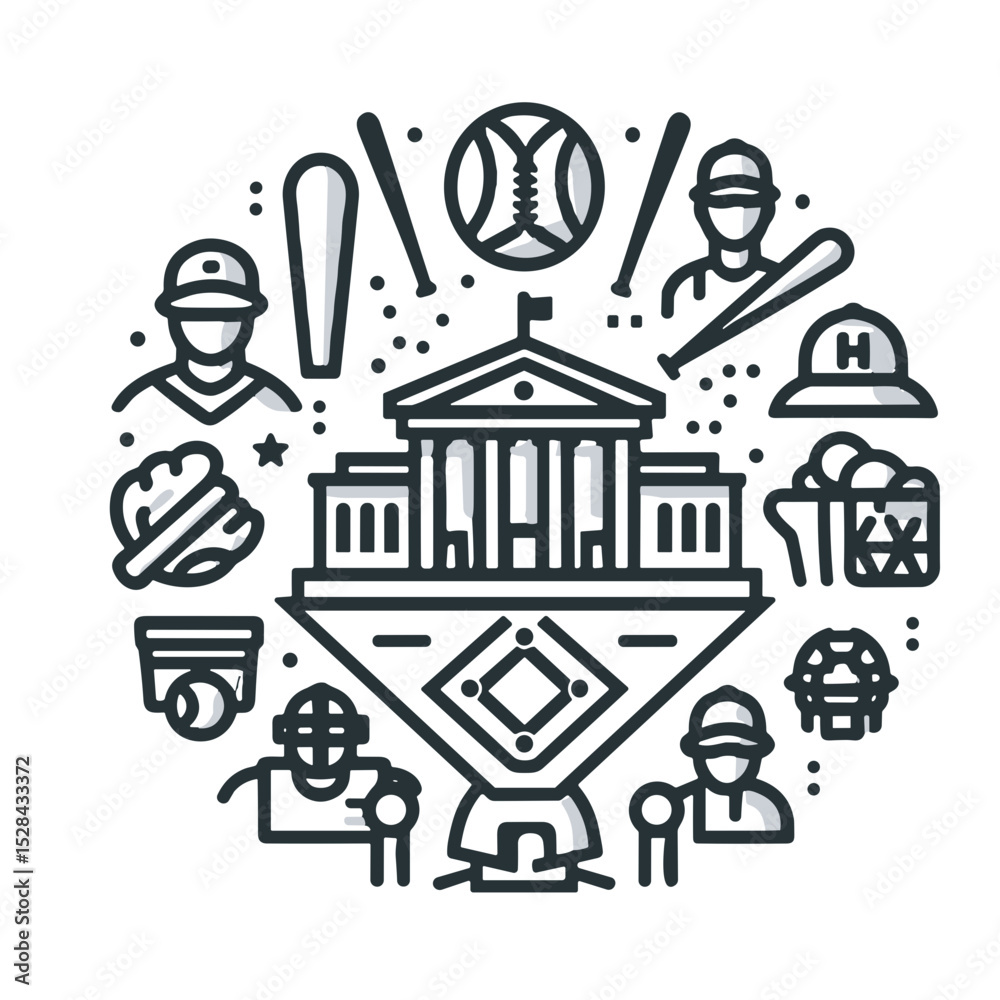 Naklejka premium Baseball-themed illustration with players, equipment, and stadium 