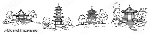 traditional asian pagoda and temple architecture set