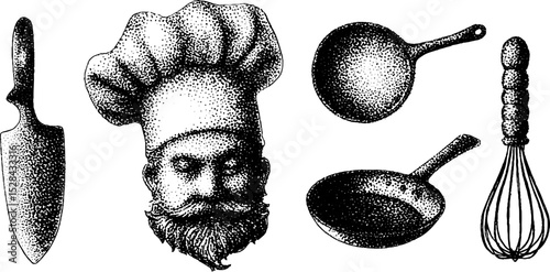 Chef themed stippling illustration with cooking utensils for culinary design