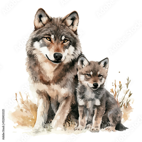 watercolor vector of A Mother Wolf With Her Kid, high quality, isolated on a white background.