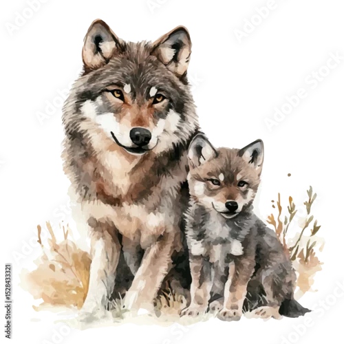 Fototapeta samoprzylepna watercolor vector of A Mother Wolf With Her Kid, high quality, isolated on a white background.