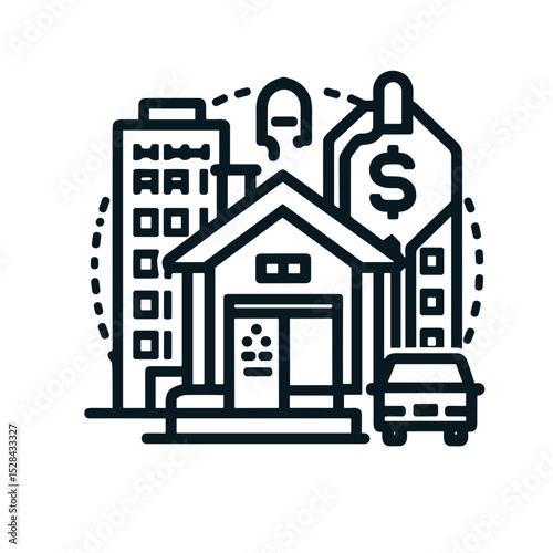 Line art illustration of house and buildings with price tag concept  