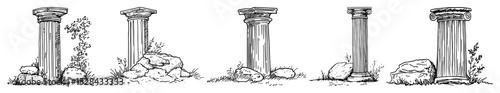ancient broken columns in archaeological ruins