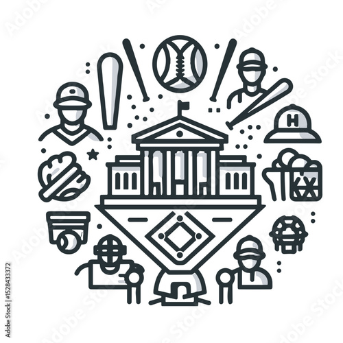 Baseball-themed illustration with players, equipment, and stadium  