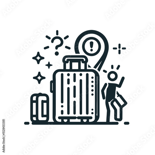 Person standing by suitcase with travel icons in minimalist style  