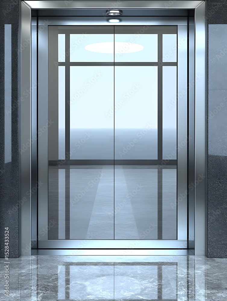 Fototapeta premium Modern elevator with closed doors reflecting ambient light patterns