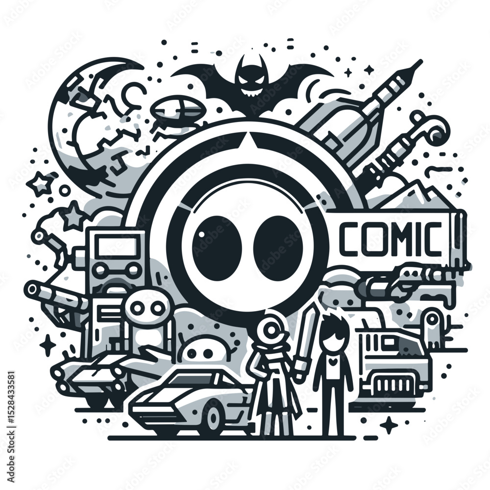 Fototapeta premium Comic-themed illustration featuring characters, vehicles, and icons 