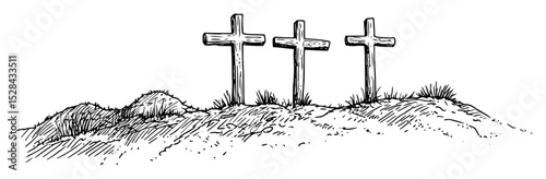 three crosses on hill representing crucifixion
