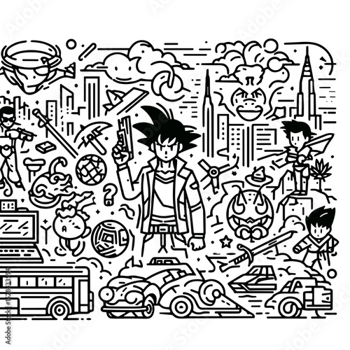 Comic-style illustration of action heroes in a bustling cityscape  