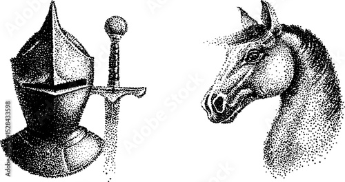 Intricate medieval knight and horse head stippling art in detailed ink illustration