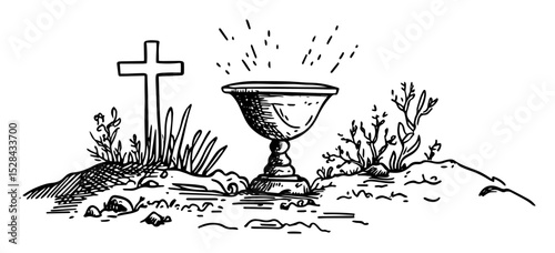 chalice and cross in symbolic graveyard setting