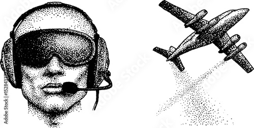 Stippling ink illustration of aviator and airplane spraying crops