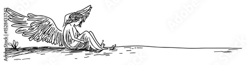 sad angel sitting alone in wide empty space