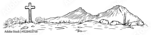 grave cross in mountain landscape view