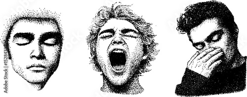 Hyper detailed stippling ink illustrations of expressive faces in unique poses