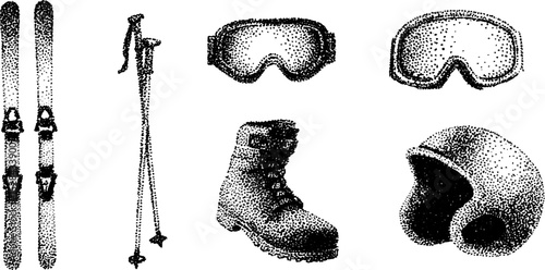 Highly detailed ink stippling illustration of ski equipment set for design projects