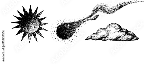 Intricate stippling ink art featuring sun, meteor, and cloud illustrations