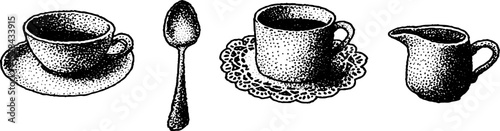 Intricate stippling ink illustration of tea set with teacup, spoon, and milk jug