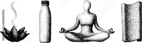 Stippling ink illustration of relaxation items and lotus