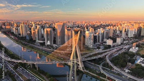 Aerial view of Marginal Pinheiros Avenue and Octavio Frias de Oliveira Bridge, São Paulo, Brazil