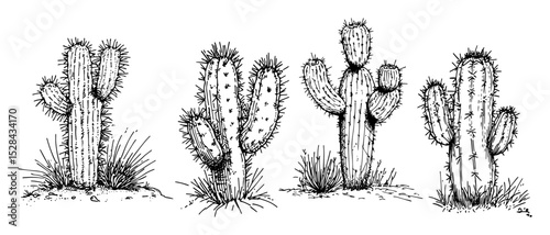 desert cactus plant variety in line art style