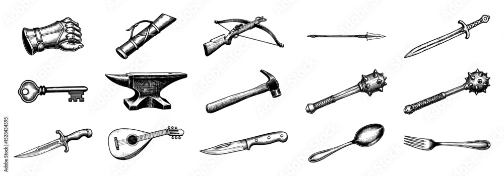 collection of medieval tools and weapons