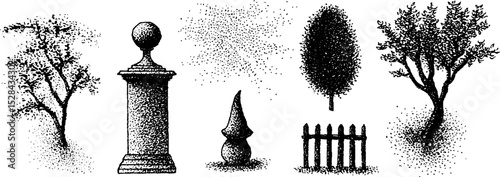 Hyper detailed stippling ink illustration set featuring trees and architectural elements