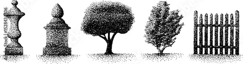 Intricate ink stippling art of trees and sculptures for design use