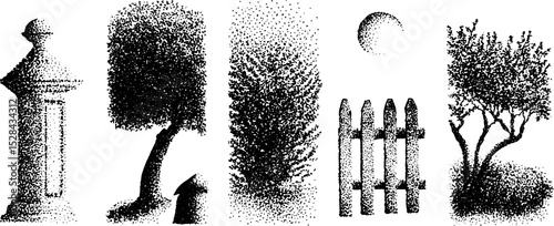 Stippling ink illustrations of nature and objects featuring trees, fence, and obelisk
