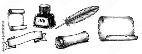 old parchment scrolls ink and feather set