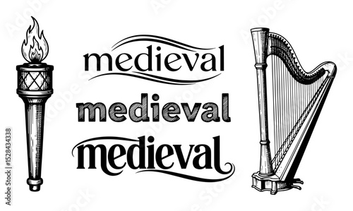 medieval typography torch and harp illustration