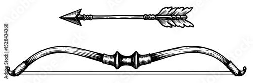 medieval bow and arrow in engraving style