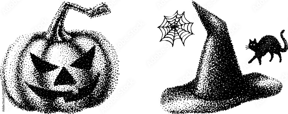 Halloween stippling art: pumpkin, witch hat, cat, and spider web design