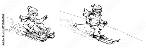 children sledding and skiing winter activity sketch