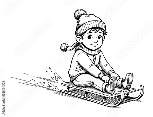 boy sledding downhill winter fun drawing