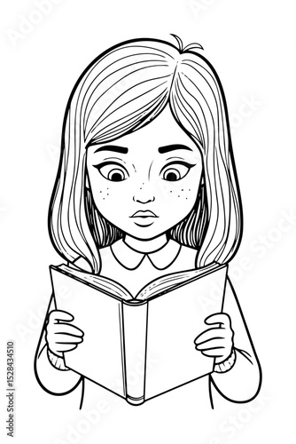 girl reading book focused child illustration
