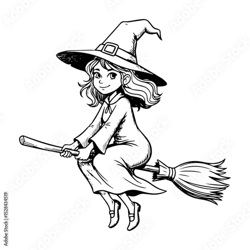 witch girl flying on broom hand drawn style