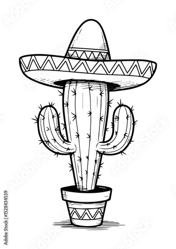 cactus with sombrero hand drawn mexican theme