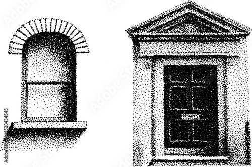 Hyper detailed stippling ink illustration of architectural windows