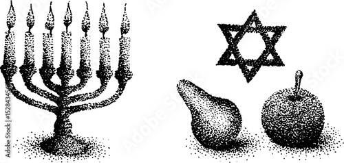Hyper detailed stippling ink art featuring menorah and star of david for hanukkah celebration