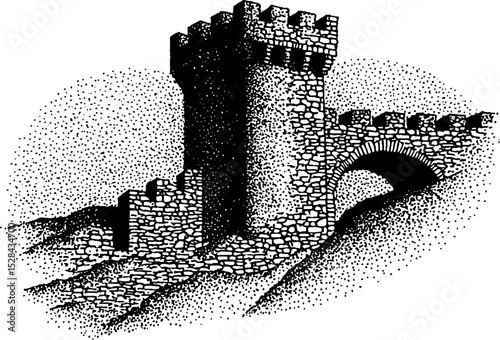 Stippling ink illustration of medieval castle with hyper detailed architecture
