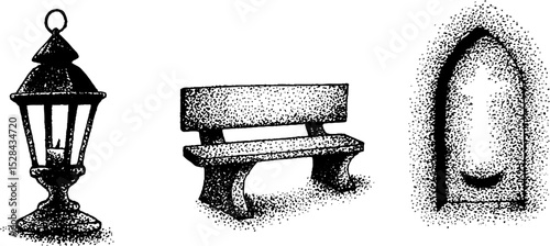 Stippling ink illustration set featuring lantern, bench, and arched niche for artistic design