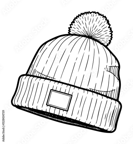 winter beanie hat with pompom hand drawn illustration