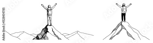 hiker standing on mountain peak victorious pose