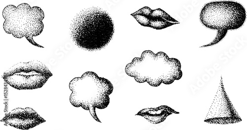 Stippling ink illustration set with speech bubbles and lips design elements
