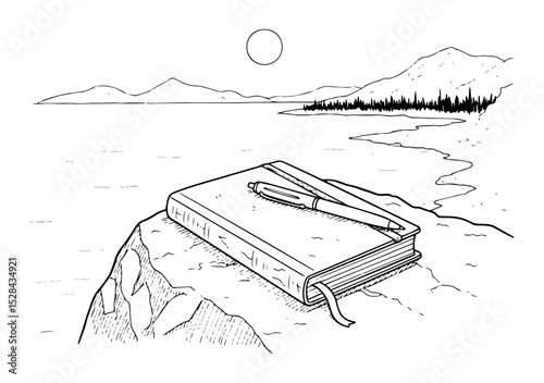 journal and pen on cliff with ocean view sketch