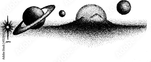Cosmic landscapes: stippling ink art of planets and mountains