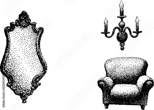 Vintage stippling ink art of mirror, chandelier, and armchair set for interior design